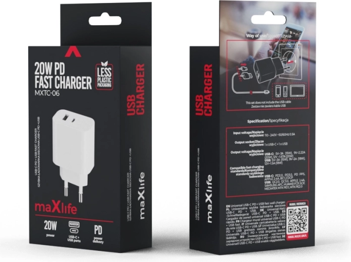 Maxlife punjač PD/QC 20 W, 1× USB‑C + 1× USB, bijela