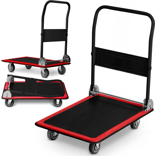 Sklopna platformna kolica za prijevoz tereta 300 kg – crno‑crvena
