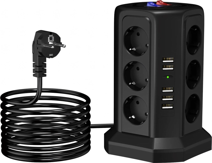 Stojeća prenaponska produžna utičnica 12 utičnica + 5 USB s resetom