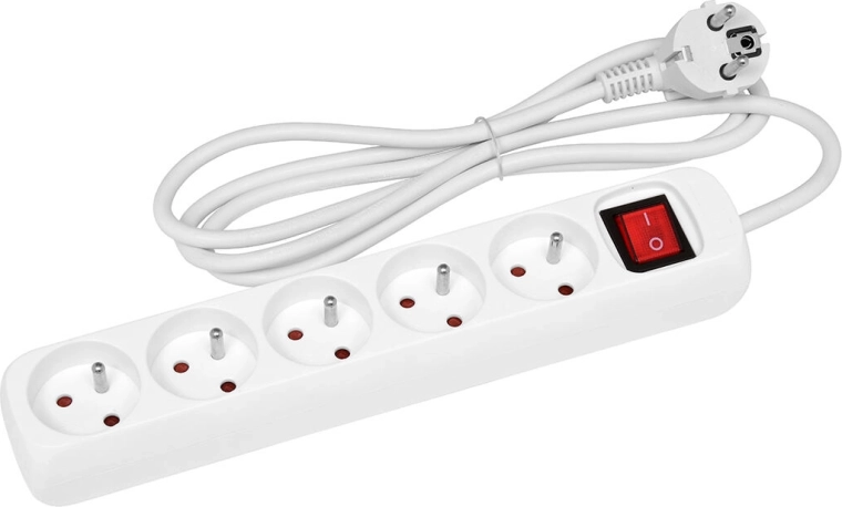 Produžni kabel 3 m, 5 utičnica s prekidačem, bijeli