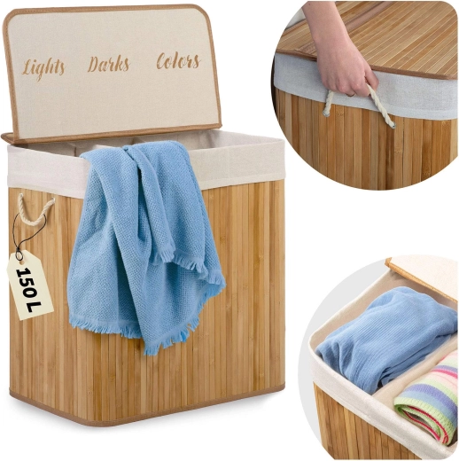 Bambusova košara za rublje 150 l s 3 pretinca i poklopcem MASSIDO