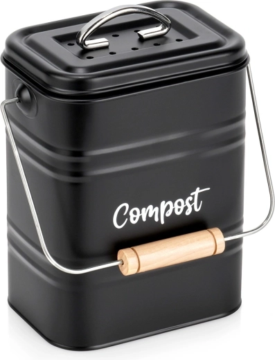 Kuhinjski komposter s ugljičnim filtrom, metalni, crni, 5 l