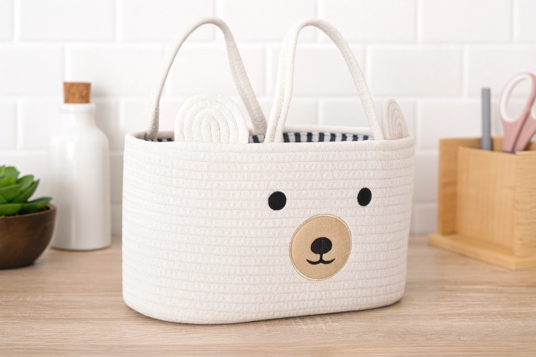 Bijela tekstilna košara za igračke u obliku medvjedića s ručkama 35 × 25 × 21 cm