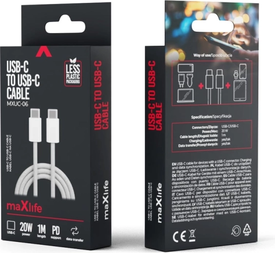 Maxlife najlonski kabel USB-C – USB-C 1 m 20 W sivi