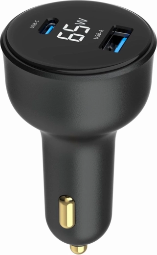 Brzi auto punjač 2× USB‑A + USB‑C PD s LCD‑om, 65 W, crna