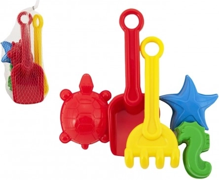 Plastični set za pijesak s lopaticom, grabljicama i kalupima u mrežici