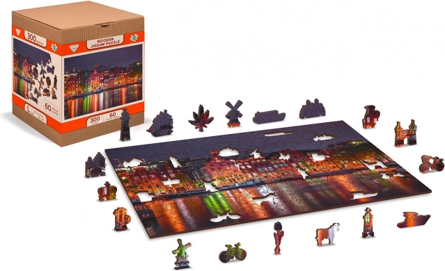 Drvene puzzle Noćni Amsterdam s jedinstvenim dijelovima