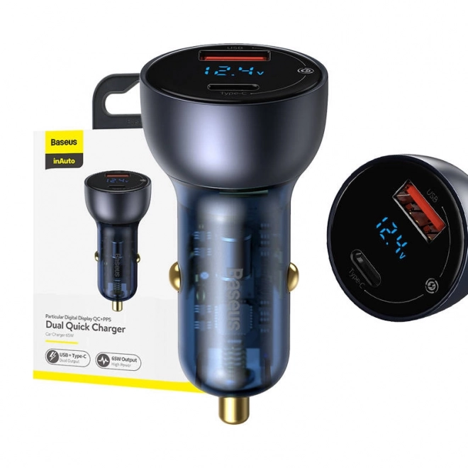 Baseus dvostruki punjač za auto s digitalnim zaslonom, USB i USB-C, brzo punjenje 65W