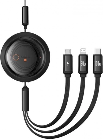 Izvlačni 3-u-1 punjački kabel BASEUS Free2Draw USB‑C/Lightning/Micro 100 W, 1,1 m, crni