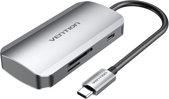 USB‑C dok stanica 3× USB 3.0 sa čitačem SD/TF i PD 100 W napajanjem Vention, siva