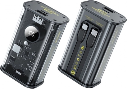 Power banka 10000 mAh s brzinskim punjenjem, ugrađenim USB‑C i Lightning kabelom, PD 20 W + QC 22,5 W, crna