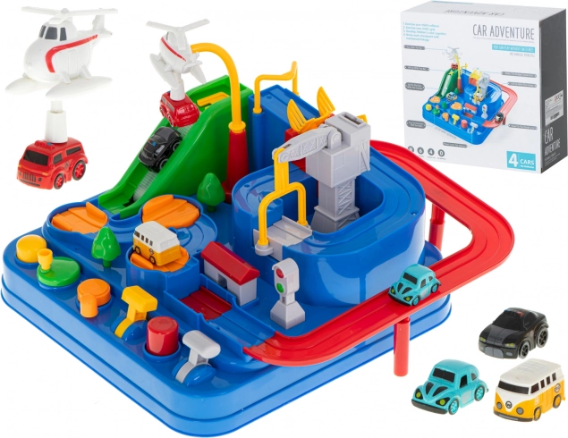 Interaktivni automobilistički park s preprekama s 4 vozila i helikopterom 24 × 24 cm