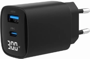 GaN brzi punjač 30 W s USB‑C i USB‑A, LCD zaslon, crni