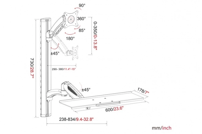 Zidni nosač za monitor i tipkovnicu, max. 27", max. 8kg, rotirajuće 360°