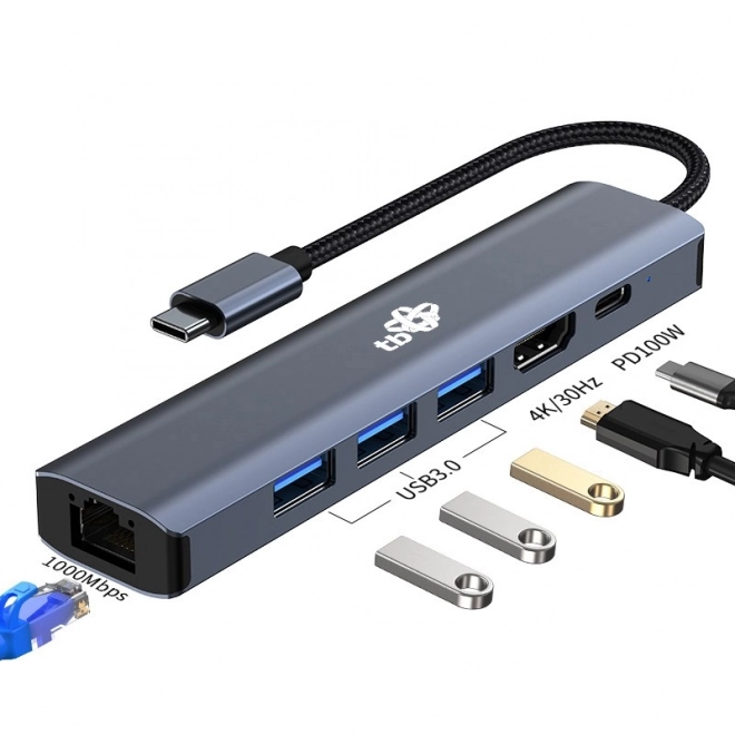 HUB USB-C adapter 6u1 - HDMI, 3x USB, PD, RJ-45