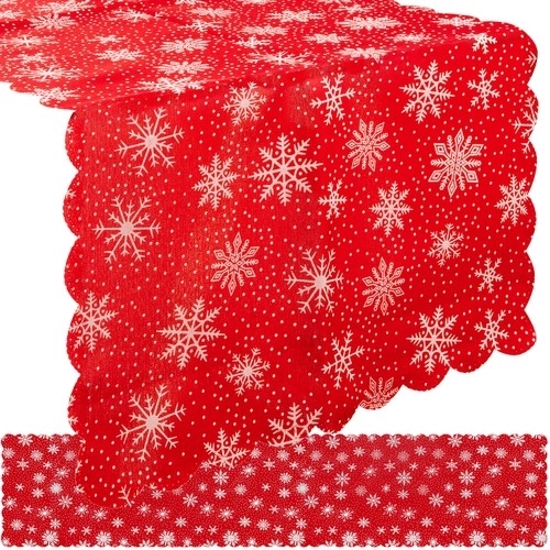 Dugi božićni stolni trkač crveni s bijelim pahuljicama 185 x 35 cm