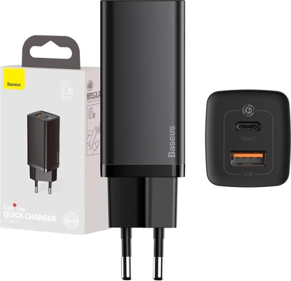 Brzi putni punjač BASEUS GaN Lite 65W, USB‑C + USB, crni
