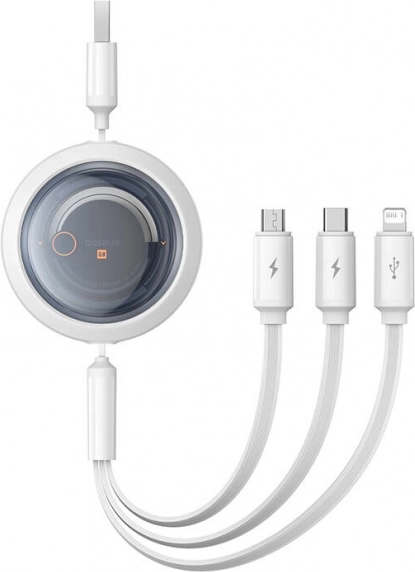 uvlačivi 3-u-1 punjački kabel BASEUS Free2Draw USB-A na USB‑C, Lightning i micro USB, 3,5 A, 1,1 m bijeli