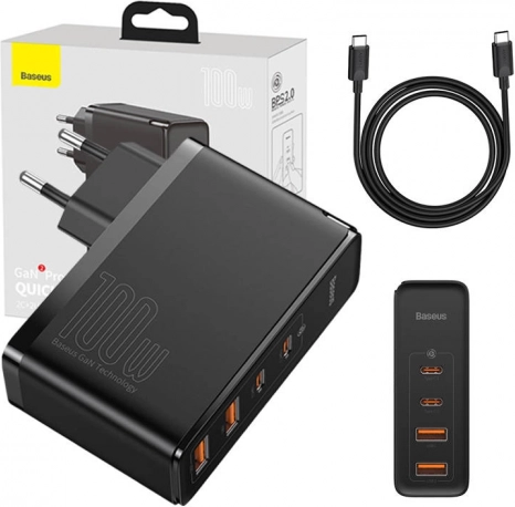 Putni punjač Baseus GaN2 Pro Quick 100W, 2× USB-C + 2× USB, EU – crna