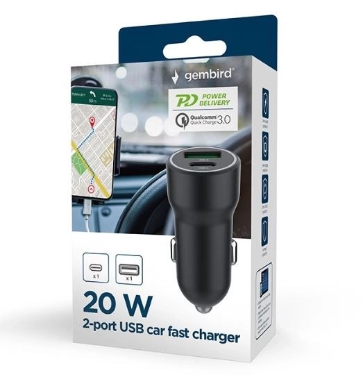 Crni auto punjač USB-A/USB-C 20W PD