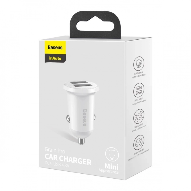 Punjač za auto 2x USB Baseus, 4,8A, bijela