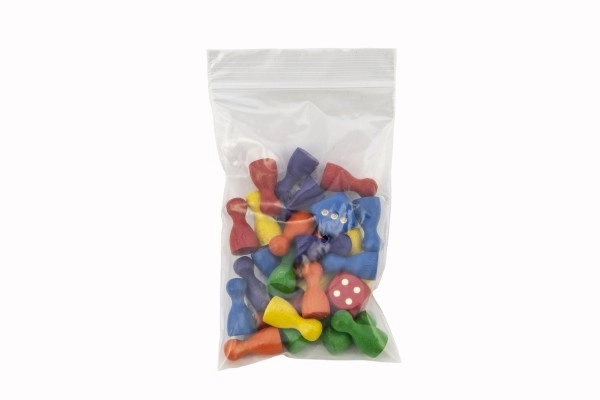 Drvene figurice 25mm 24kom 6 boja + 2 kocke društvena igra u vrećici 7x13cm