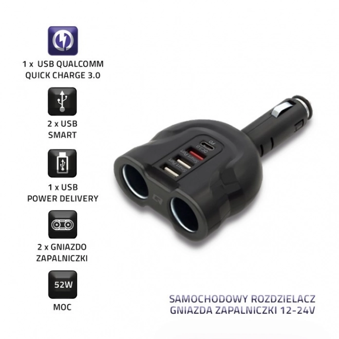 Razdjelnik utičnice upaljača automobila 12-24V | 52W | 2,4A |2xUSB | USB QC 3.0 | USB-C PD | 2x utičnica upaljača za cigarete
