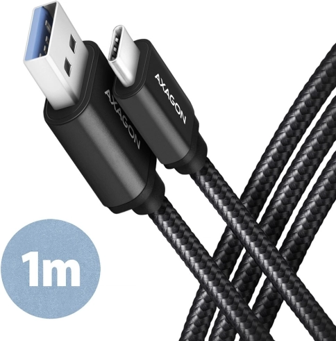 AXAGON USB-C – USB-A kabel 3.2 Gen 1, 1 m, 3 A, aluminij, najlonski oplet, crni