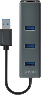 Savio hub USB-A 3.1 Gen 1 s 3 porta i RJ‑45 gigabit ethernet adapterom