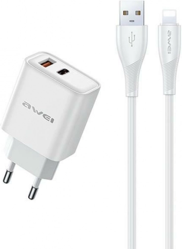 Awei GaN mrežni punjač 22,5 W USB + USB‑C s kabelom USB‑A/Lightning