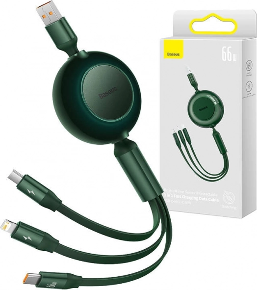 Baseus Bright Mirror 3 USB kabel 3 u 1 za micro USB, USB‑C i Lightning 66 W 1,1 m – Zelena