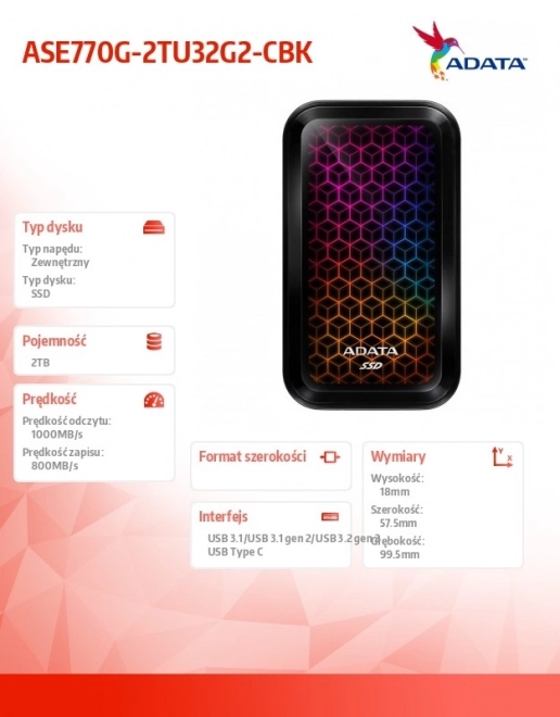 Vanjski SSD disk ADATA SE770G 2TB RGB