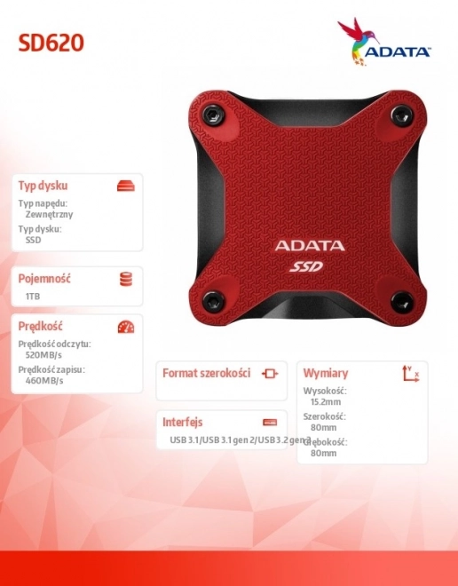 Vanjski SSD disk ADATA SD620 1TB crveni
