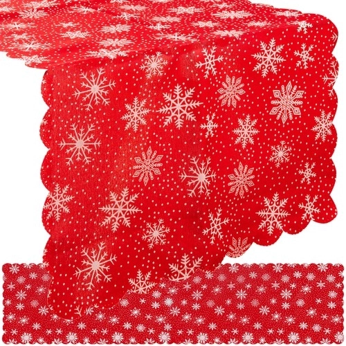 Božićni stolni runner crveni s bijelim pahuljama 150 x 35 cm