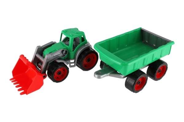 Traktor/nakladač/bager s prikolicom s plastičnom lopatom na slobodnu vožnju 2 boje u mrežici 16x61x16cm
