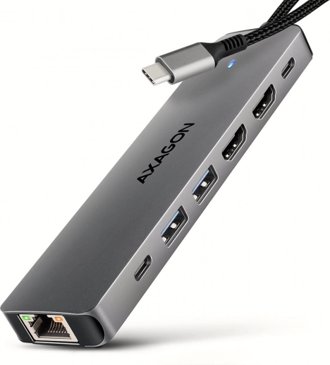 AXAGON HMC-7HX2 višeportni USB‑C hub 7‑u‑1 s 2× HDMI 4K/60 Hz, 2× USB‑A, USB‑C, GLAN i PD 100 W