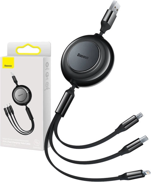 Uvlačivi 3-u-1 kabel za punjenje i podatke Baseus Bright Mirror II, USB-A na Lightning/USB-C/micro USB, 3,5 A, 1,1 m, crni