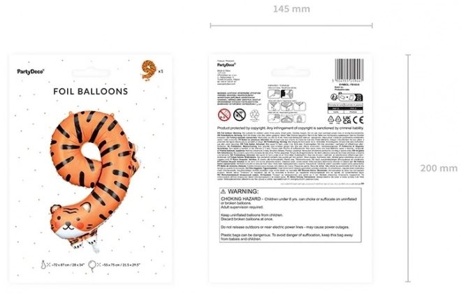 Folijski rođendanski balon broj 9 - Tigar 64 x 87 cm
