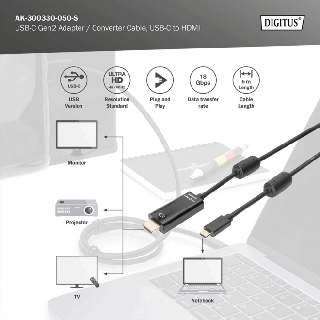 USB Type-C kabel na HDMI za prijenos video signala 4K/60Hz 5m crni