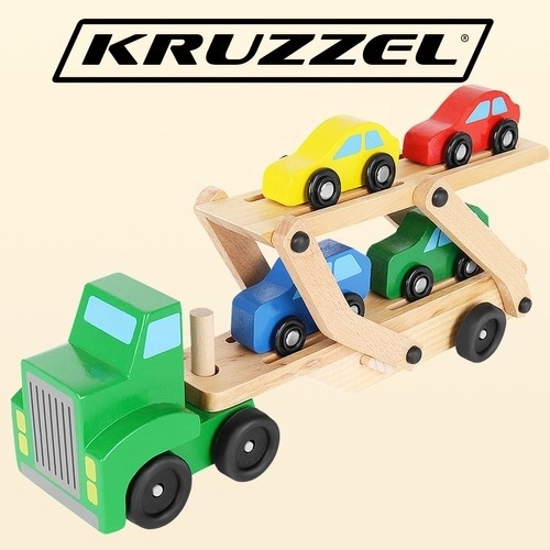 Drveni kamion s prikolicom + set automobila 22698