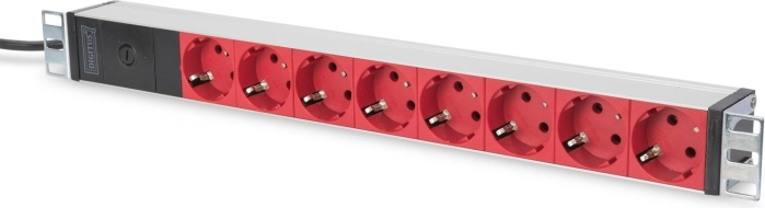 19″ rack PDU traka DIGITUS, 8× crvene Schuko utičnice, ulaz C14, kabel 2 m, 10 A, aluminij