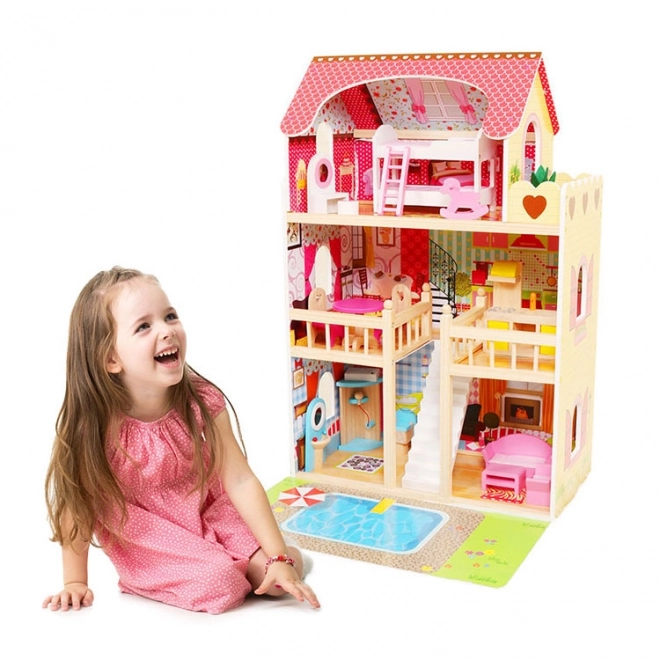 Drvena kućica za lutke, namještaj, bazen + rasvjeta ECOTOYS