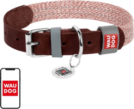 Kožni ovratnik od prirodne kože i recikliranog pamuka s QR kodom Waudog za srednje pse – Smeđa
