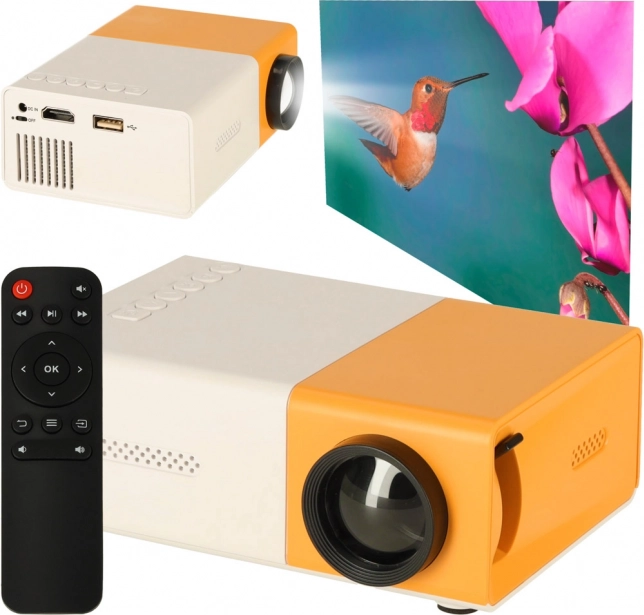 Mini projektor LED s TFT LCD, 24–60 inča, HDMI/USB, podrška za 1080p – bijelo‑narančasti