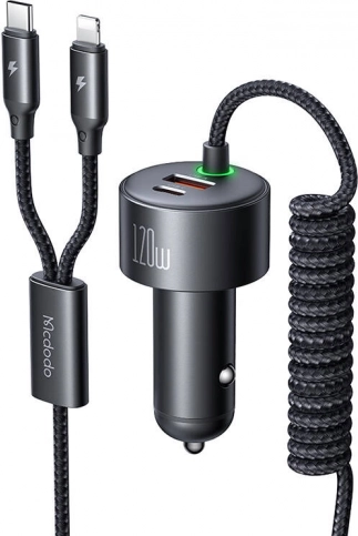 autopunjač Macdodo 120W s USB‑C i Lightning, uvlačivi kabeli