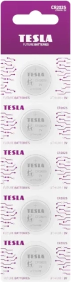 Litijeva gumbasta baterija TESLA CR2025 3 V, pakiranje 5 kom