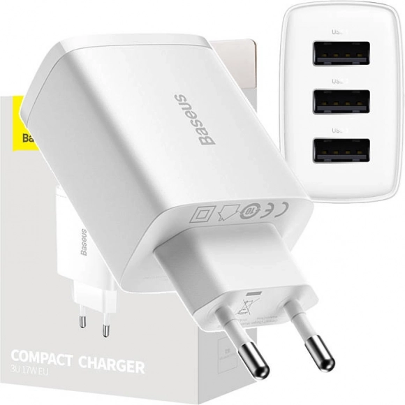 Mrežni punjač BASEUS 17 W, 3× USB, bijeli