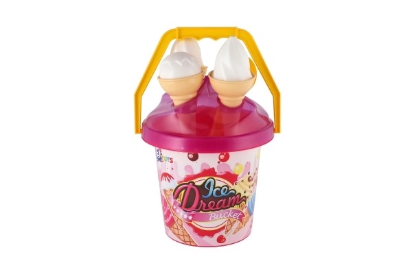 Set za pijesak plastični kantić + kalupi sladoled 2 boje u mrežici 18x28x17cm 12m+