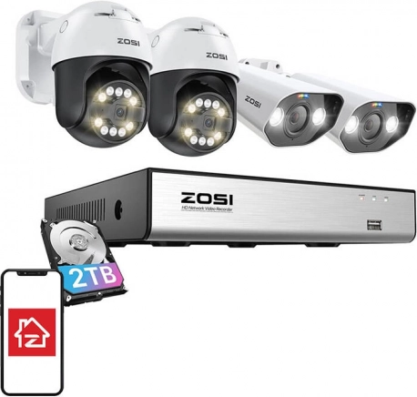 Set IP kamera ZOSI 2× C296 Wi‑Fi 5MP i 2× C182 Wi‑Fi 8MP s NVR 8 kanala i 2TB HDD