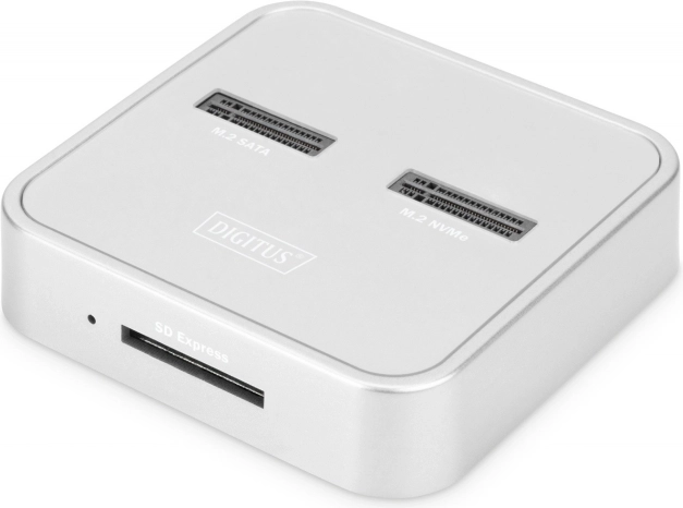 Stolna dok stanica za SSD M.2 NVMe i M.2 SATA s čitačem SD Express, USB‑C, srebrna